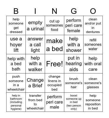Basic Patient Care Bingo Card