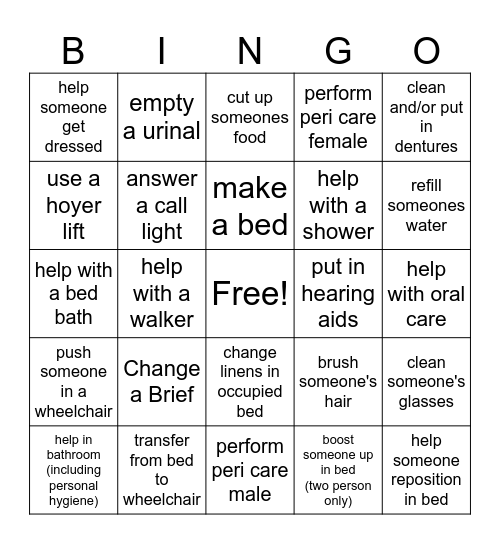 Basic Patient Care Bingo Card