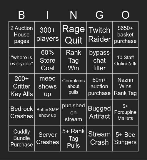 Crazy Critters Card Bingo Card