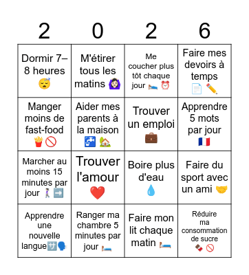 Les résolutions pour la nouvelle année Bingo Card
