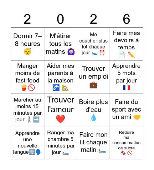 Les résolutions pour la nouvelle année Bingo Card