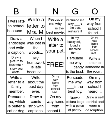 Writing Bingo Card