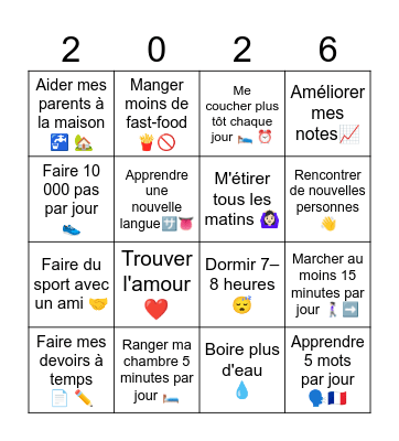 Les résolutions pour la nouvelle année Bingo Card