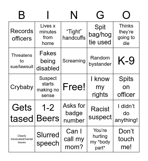 Bodycam Bingo Card