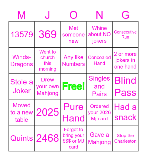 Mahjong Bingo Card