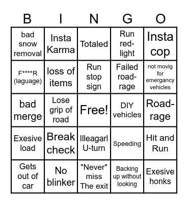 Dum Driver Bingo Card