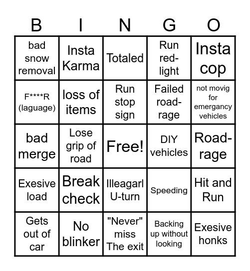 Dum Driver Bingo Card
