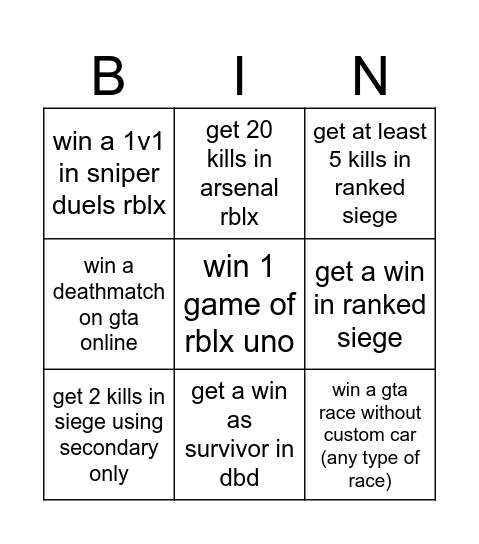 Gaming Bingo Card