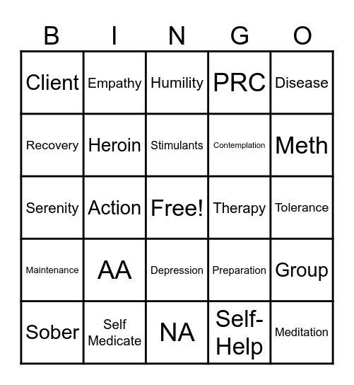 Recovery Bingo Card