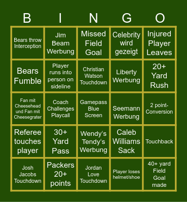 Packer Game Bingo Card