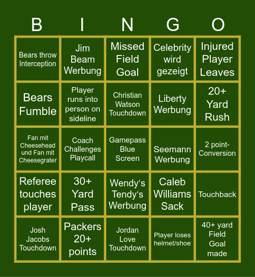 Packer Game Bingo Card