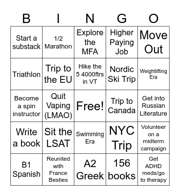 AM's 2026 Goals Bingo Card