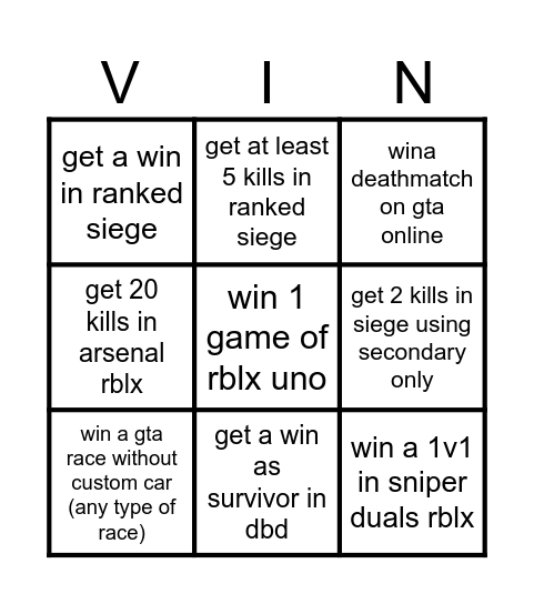 Gaming Bingo Card