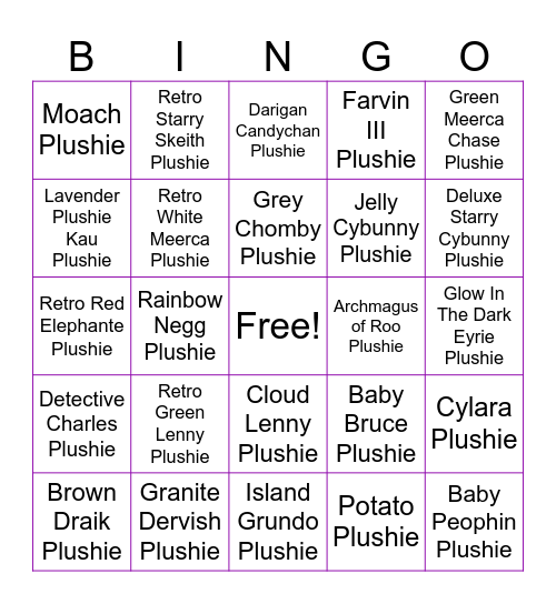 Plushie Bingo Card