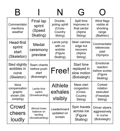 Winter Olympics 2026 Bingo Card