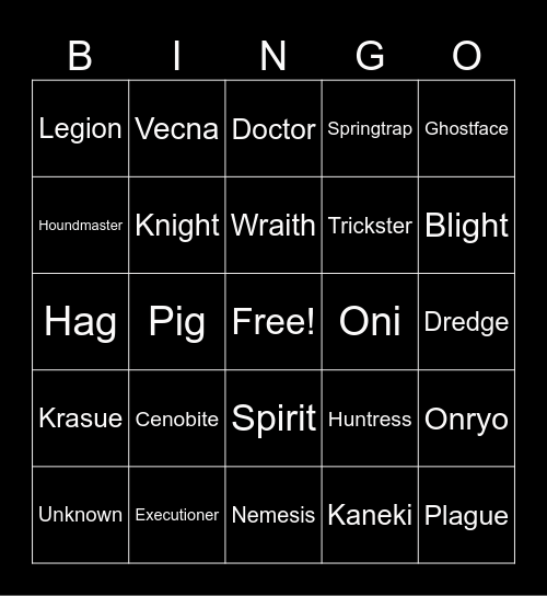 DBD Killer Bingo Card