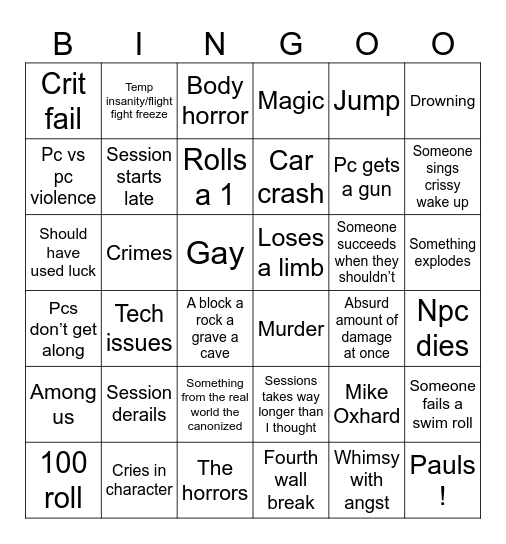 Weewoo bingo Card