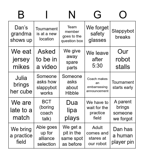 Definitely Human Robotics Tournament Bingo Card