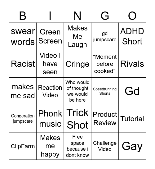 YT Shorts Bingo Card