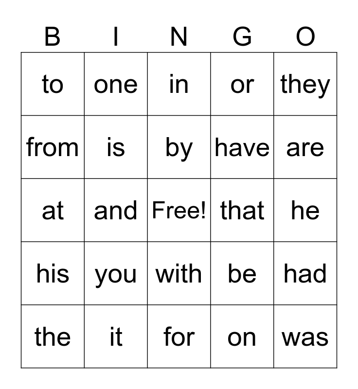 Most Common Words Bingo Card