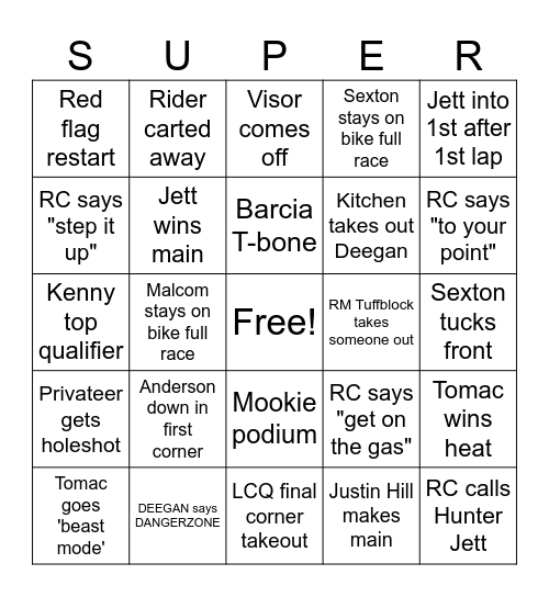 Supercross 2026 Bingo Card