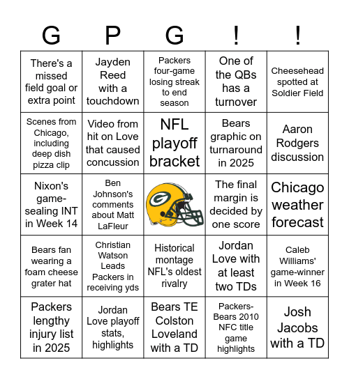 Packers vs Bears Playoff Bingo Card
