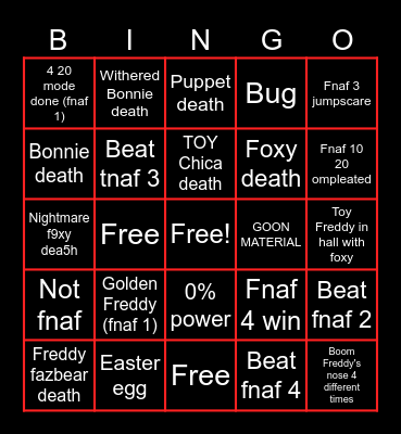 Fnaf game bingo Card