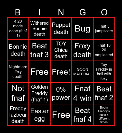 Fnaf game bingo Card