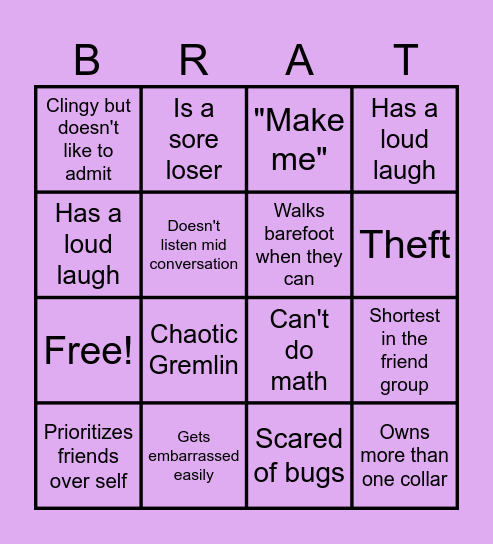 Brat Bingo Card