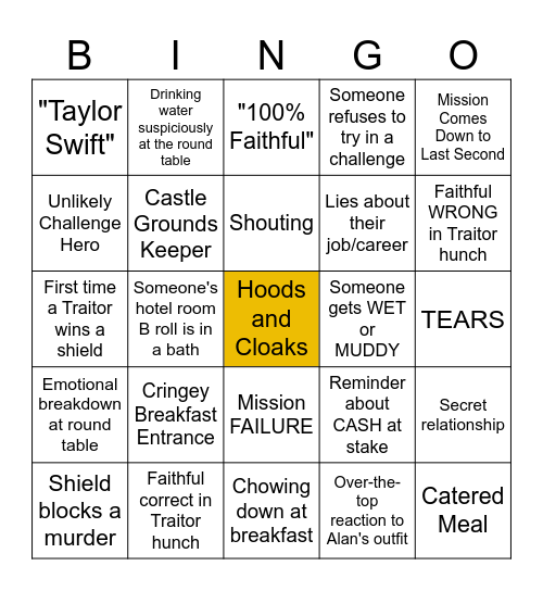 Traitors 2026 Ep. 1 Bingo Card