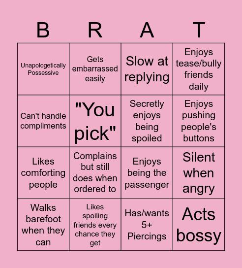 Brat Bingo V2 Bingo Card