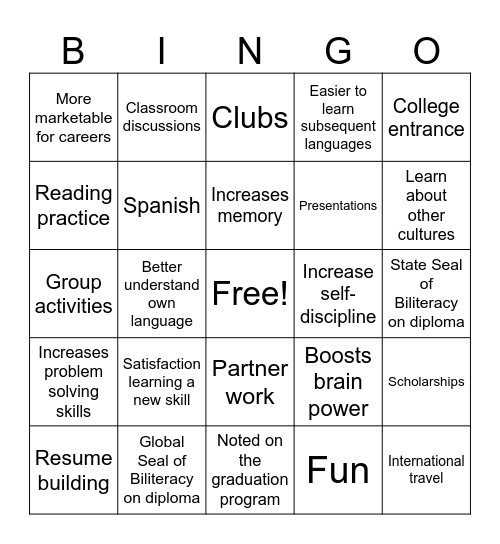 World Language Bingo Card