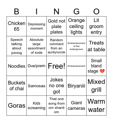 Desi wedding bingo Card