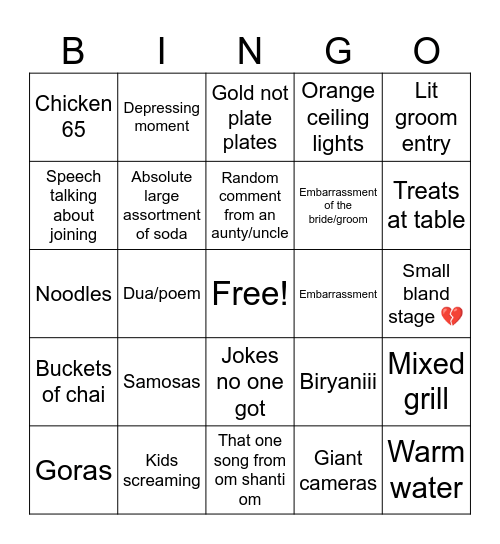 Desi wedding bingo Card