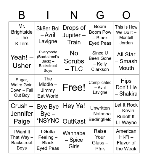 90s & 2000s Party Starters Bingo Card