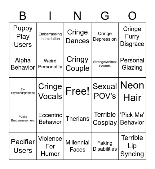 Cringe Tiktok Bingo Card