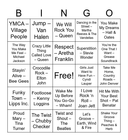 Dance Floor Classics Bingo Card