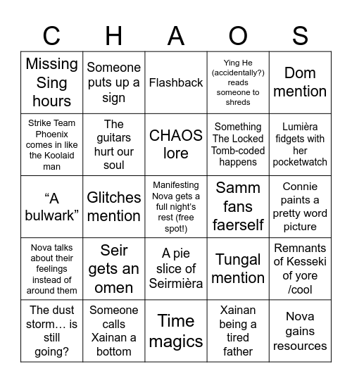 Transplanar CHAOS A4 E11-12 Bingo Card