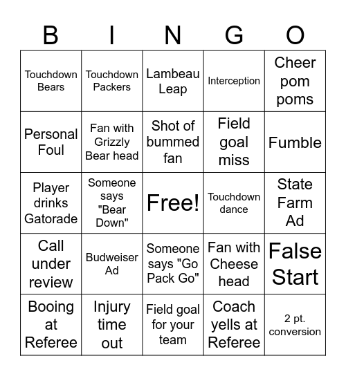 Packers vs. Bears Bingo Card