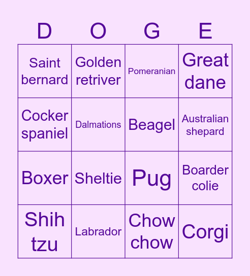 Doggo Bingo Card