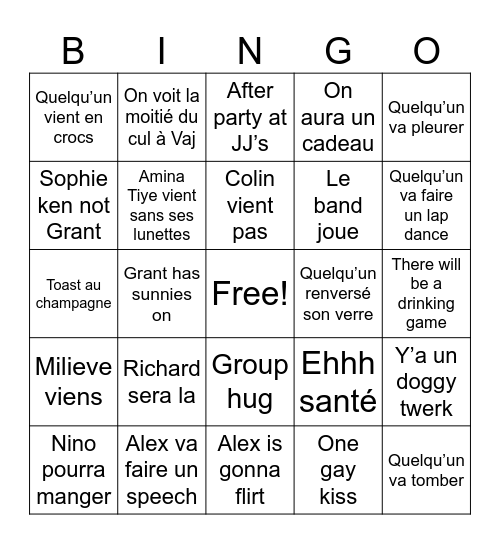 Entertainment party Bingo Card