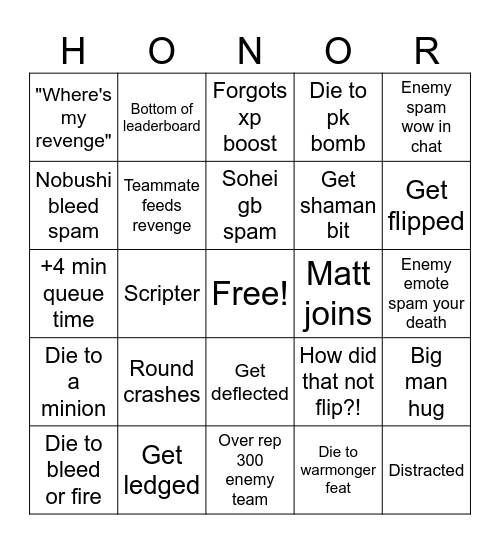For honor Bingo Card