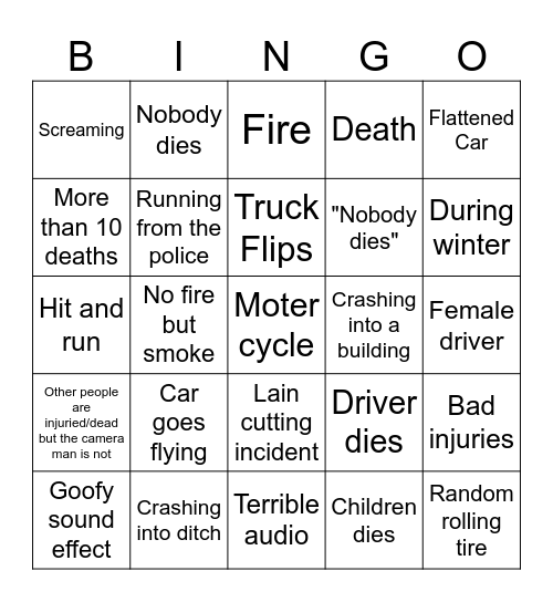 Car crash bingo Card