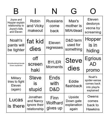 Stranger Things S5 Bingo Card