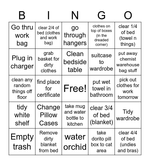 Room Cleaning Bingo Card