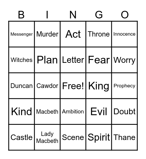 Macbeth Bingo Card