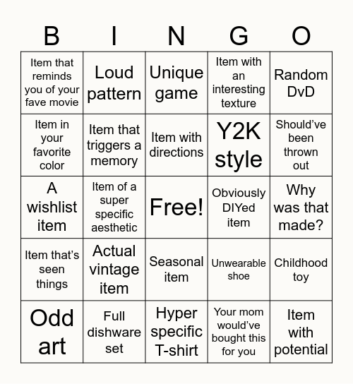 Thrifting Bingo Card