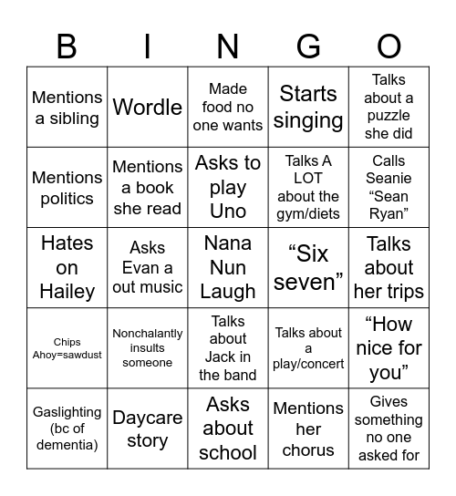 Nana Nun Bingo Card