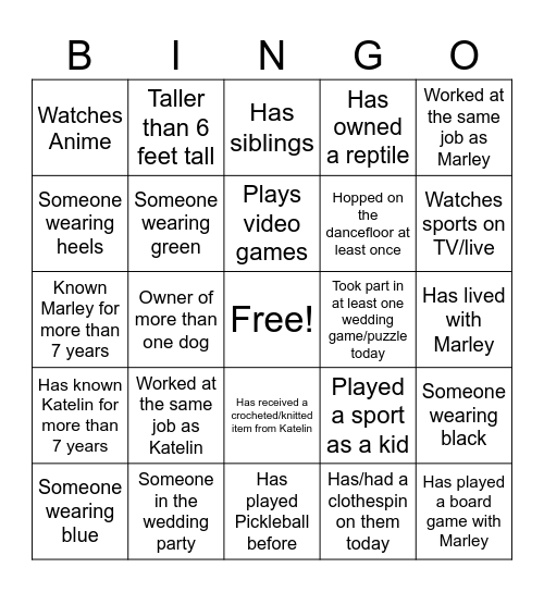 Find the wedding guest - Write their names in and only one name per row Bingo Card