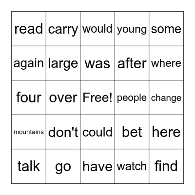 Sight Words Bingo Card